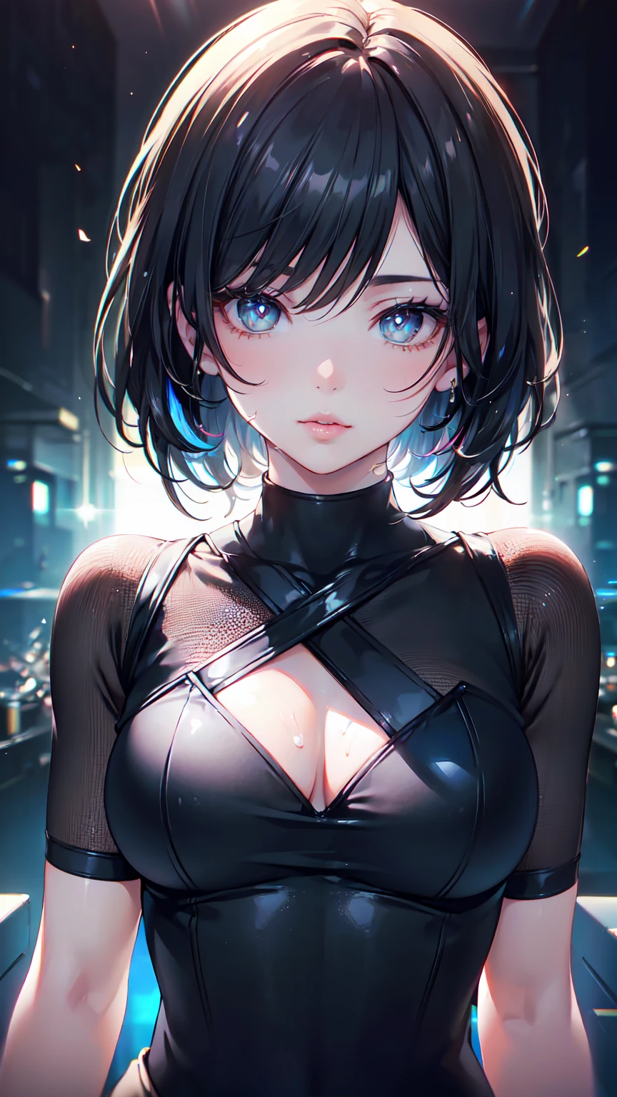 8K, original photo, Realistic: 1.25), (Lip Gloss, eyelash, shiny face, shiny skin, best quality, Ultra-high resolution, Depth of Field, Chromatic Aberration, Caustics, Moisturize lips, super trimmed face, Radiant and delicate eyes, black hair, Mid-length model, fashionable, bodycon knitted dress, purely