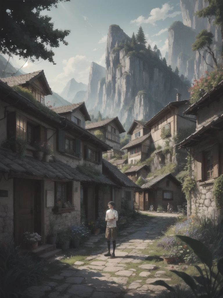 fine details, ((body portrait)), dark magic, (1boy:1.4, best_quality:1.2), mysterious atmosphere, (award-winning painting:1.3), flowers, masterpiece, solo, wonder, a medieval village in switzerland with river and pool, impression, experimental charm, 8k uhd, citizens, many mess tiny colorful flowers, (centered image composition), 1girl, best quality, outdoors, excellence, RAW photo, standing in the center of a bloody summoning circle, camping stove, highly detailed, you can see a huge music studio integrated into a jungle, Sharp focus, Atey Ghailan, impressionist, extremely detailed, mountain, very detailed, colorful, bloom, best shadow, top, elegant, dwelling, landscape, creating a serene atmosphere. This picturesque scenery is worth exploring, 8k, ultra-realistic