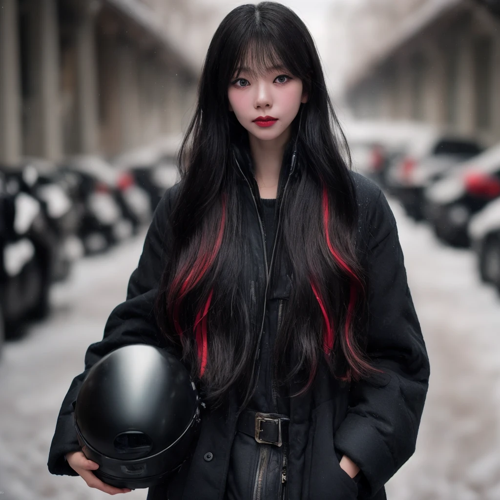 Best quality, 8k, perfect lighting, masterpiece, ultra high res, (photorealistic:1.4), raw photo,1girl, solo, realistic, looking at viewer, upper body, detailed arctic background, winter clothes, dynamic pose, snow, snowflakes, night, aurora sky, detailed oily skin, red lips, closed mouth,