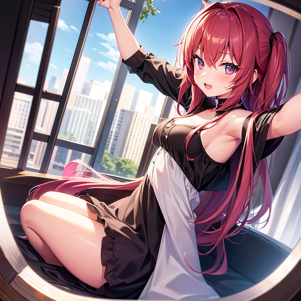 ((Best Quality)), ((masterpiece)), (detailed), 1 girl in a tight red dress, mini skirt, neckline wavy red hair, blue eyes, in an urban landscape at night, big breasts, white panties, ((view from below)),((view from behind))