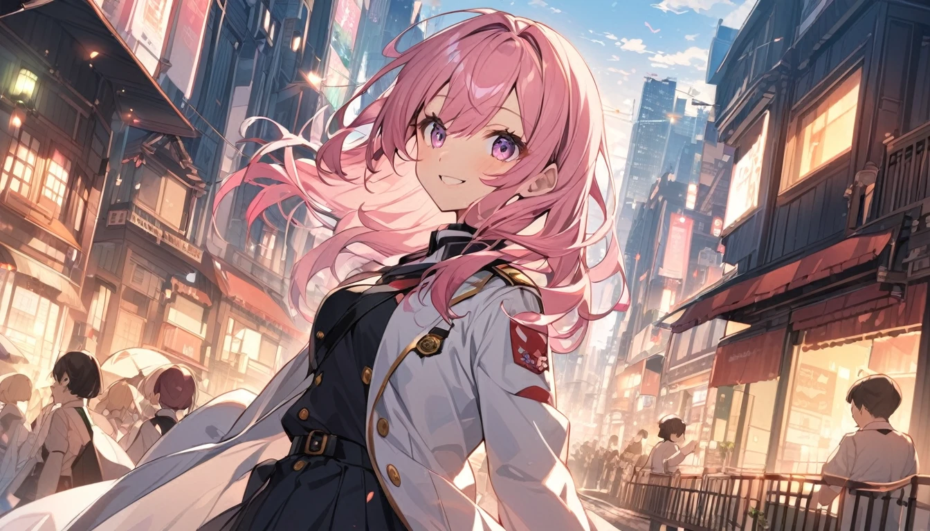 Anime girl in uniform,Long Pink Hair,City,smile