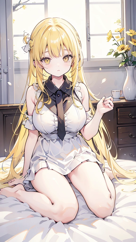 Full body, Yellow eyes, Yellow hair, Cute, Baby face, Big breasts, Bed, Honeymoon, Sleeping, Night