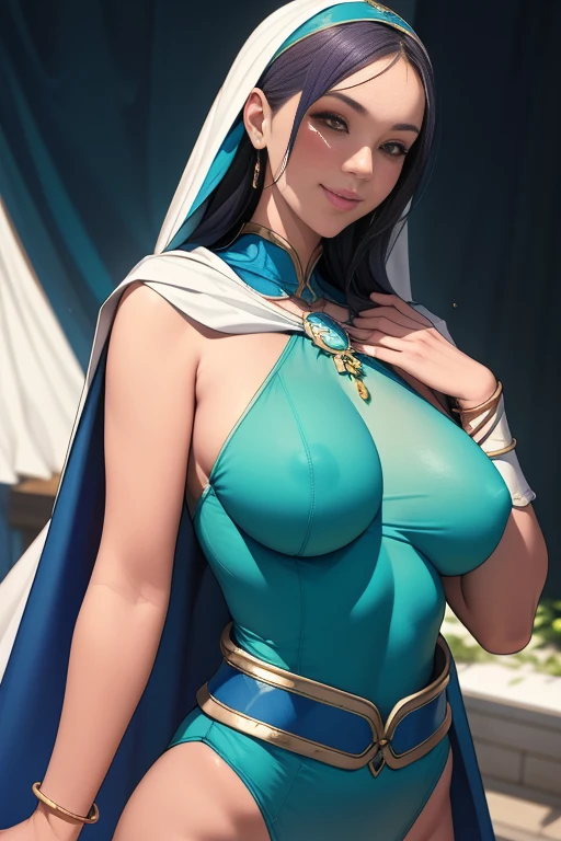 throw,from the front,masterpiece, Highest quality, Ceres Cher, Blue headband, Green leotard, White Cape, Blue Belt, Blue bracelet, Contrasting, Upper Body, View your viewers, smile, Mouth closed, village,Large Breasts,