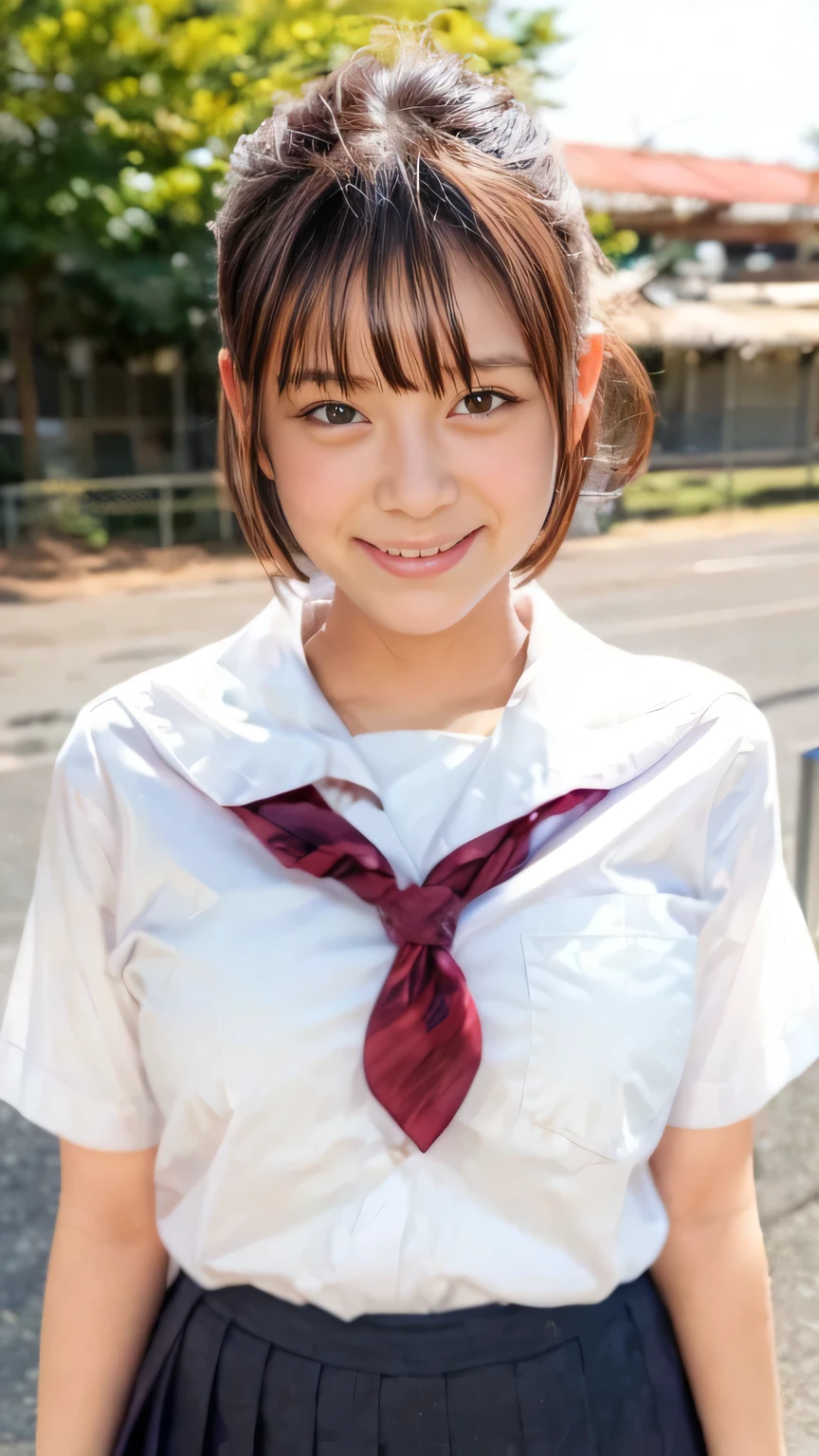 (Realistic、Like a photograph、Live Action、8K, Realistic, RAW Photos, Best image quality: 1.4), Single-lens reflex camera、RAW Photos, Highest quality, Realistic, Very detailed CG Unity 8k wallpaper, Written boundary depth, Cinematic Light, Lens flare, Ray Tracing, Realistic background、Many people々:1.4、((high school girl:1.form:1.3、Uniform skirt:1.3)、Big Breasts)、((ultra high density skin))、 1 female,Cute high school girl、((Girls cheering in the schoolyard、support、(whole body:1.5)、Smiling at school))、Pink inner color hair、short hair:1.2、Tie your hair with a hair clip、I like that style、stylish、Very detailed、Pay attention to the details、Perfect outfit、(Sunburned skin)、Beautiful feet:1.1,front