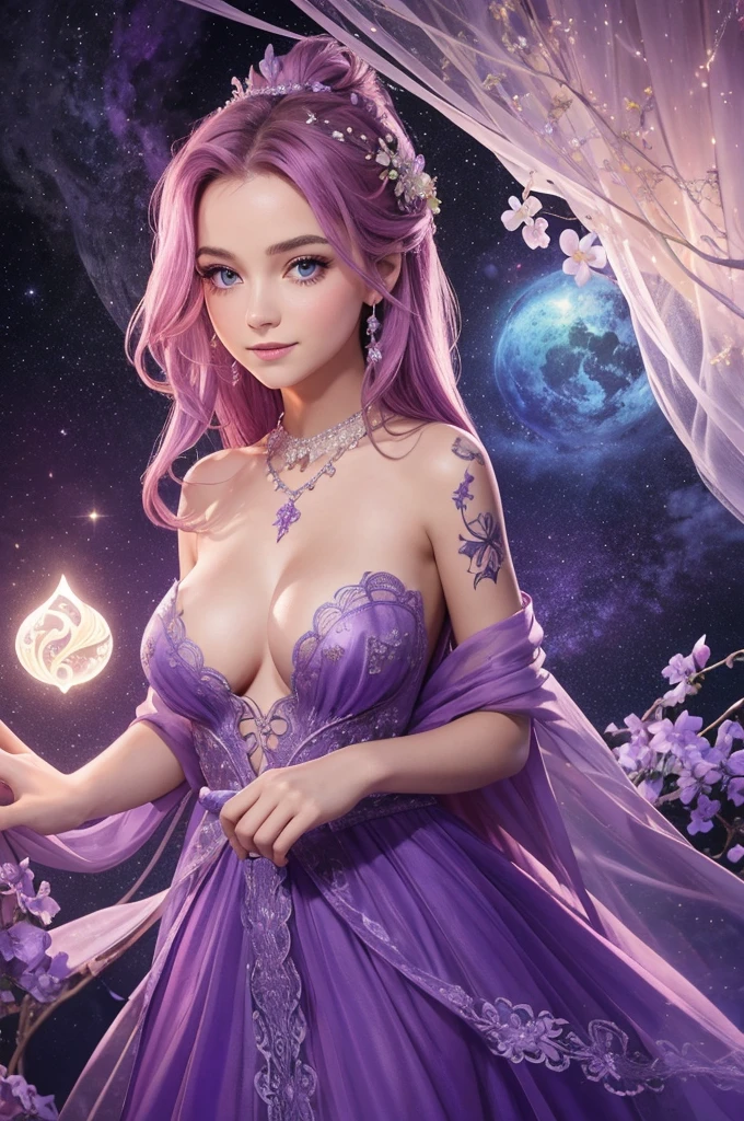 portrait, belle femme aux cheveux violets et une robe violette soyeuse, portant un grand collier en forme de coeur, chiffre de sablier, figure symétrique, visage très détaillé, beau visage, yeux bleus apaisants, lèvres violettes luxuriantes, souriant, séduisant, flirter avec la caméra, superbe illustration numérique, environnement quantique mystérieux, éléments cosmiques et atmosphère éthérée, topless, pink fairy tattoo
