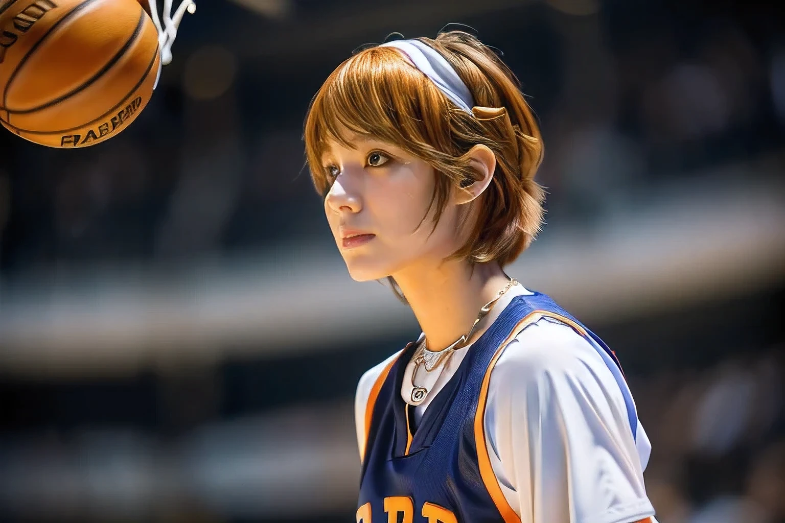 (During a basketball game in the gym:1.5)、(A beautiful profile without looking at the camera:1.5)、(An 18-year-old woman waiting earnestly for the ball:1.5)、(The best quality at its best:1.4), (Super detailed), (Very detailed CG unified 16k), Beautiful woman with perfect figure: 1.4, Sharp focus: 1.2, Very detailed, High-quality RAW color photos, Professional photography, Great face and eyes, cosmetics, (Amazingly beautiful girl), ((Basketball uniform:1.5)), Realistic movie faces, Full body long view from head to toe, Realistic, ((Realistic natural orange red hairstyle)), ( Short Bob Hair:1.5), (necklace:1.5)、, Very beautiful face, Perfect model beauty, Mouth swelling, Highly detailed face and skin texture, Fine grain, double eyelid, Medium chest, (masterpiece), Highest quality, High resolution, Very detailed, Blurred Background, Depth of written boundary, Cinema Lighting, Great legs, , Clear, well-maintained skin,((Full body shot from head to toe:1.5))