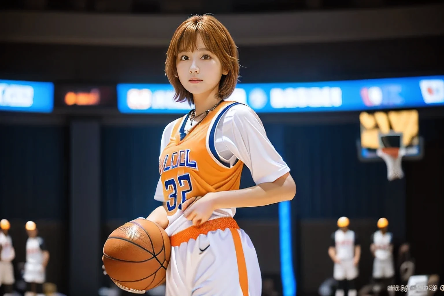 (During a basketball game in the gym:1.5)、(A beautiful profile without looking at the camera:1.5)、(An 18-year-old woman waiting earnestly for the ball:1.5)、(The best quality at its best:1.4), (Super detailed), (Very detailed CG unified 16k), Beautiful woman with perfect figure: 1.4, Sharp focus: 1.2, Very detailed, High-quality RAW color photos, Professional photography, Great face and eyes, cosmetics, (Amazingly beautiful girl), ((Basketball uniform:1.5)), Realistic movie faces, Full body long view from head to toe, Realistic, ((Realistic natural orange red hairstyle)), ( Short Bob Hair:1.5), (necklace:1.5)、, Very beautiful face, Perfect model beauty, Mouth swelling, Highly detailed face and skin texture, Fine grain, double eyelid, Medium chest, (masterpiece), Highest quality, High resolution, Very detailed, Blurred Background, Depth of written boundary, Cinema Lighting, Great legs, , Clear, well-maintained skin,((Full body shot from head to toe:1.5))