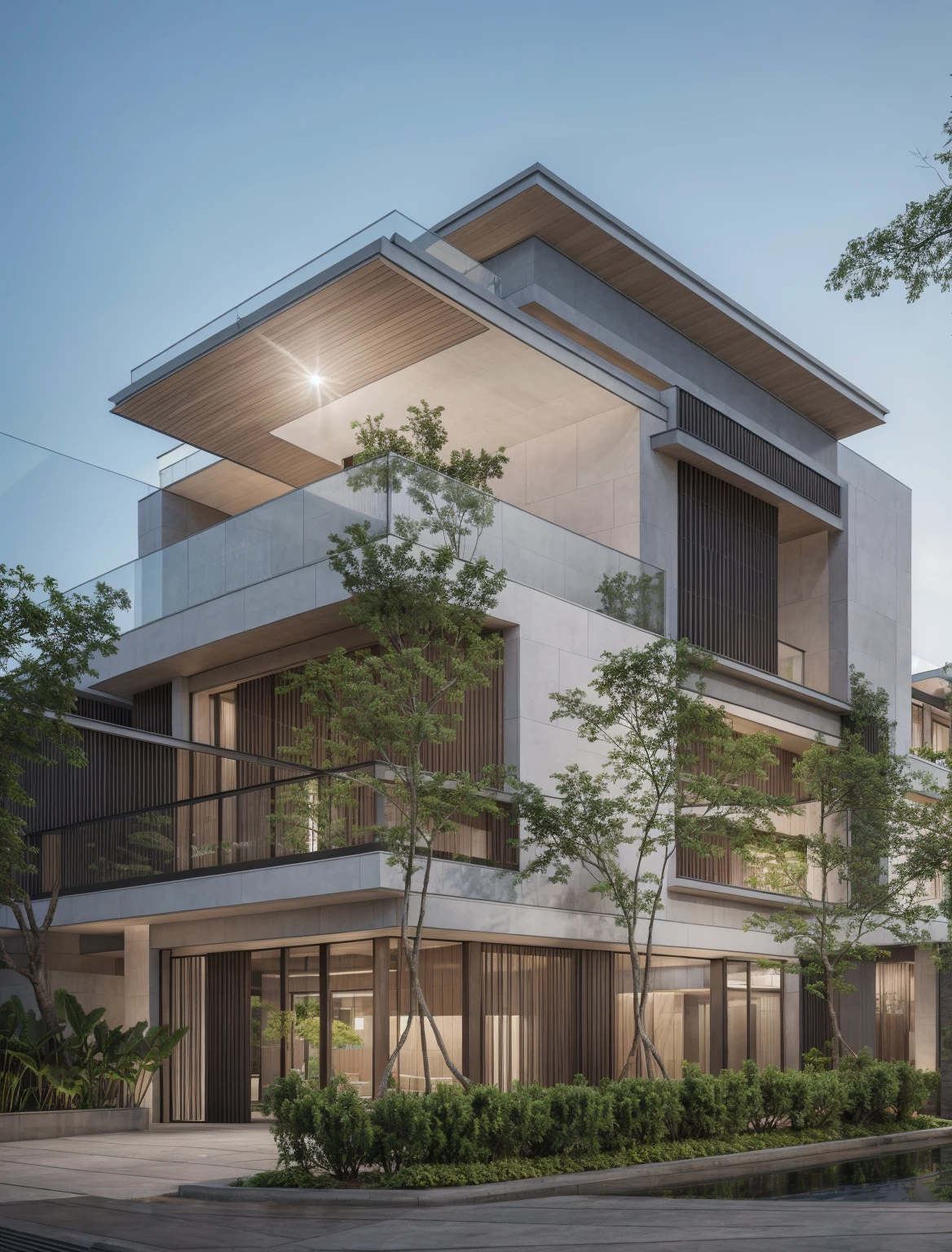 RAW photo, Exterior of two story white modern house, road, ((sidewalk)), ((sidewalk trees)), residences area, day time, tropical trees and plants, (high detailed:1.2), 8k uhd, dslr, soft lighting, high quality, film grain, Fujifilm XT3)