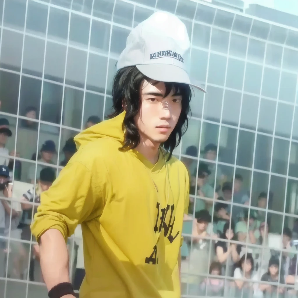 a close up of a person in a yellow shirt and a baseball cap, kentaro miura style, kentaro miura!, style of kentaro miura!!!!, kentaro miura manga style, miura kentaro style, tsubasa nakai's style, manga style of kentaro miura, fubuki, fukaya yuichiro, realistis