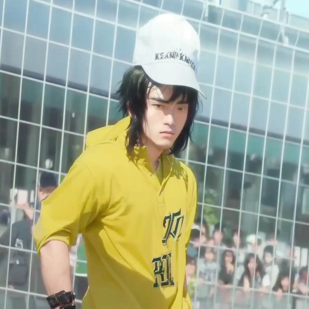 a close up of a person in a yellow shirt and a baseball cap, kentaro miura style, kentaro miura!, style of kentaro miura!!!!, kentaro miura manga style, miura kentaro style, tsubasa nakai's style, manga style of kentaro miura, fubuki, fukaya yuichiro, realistis