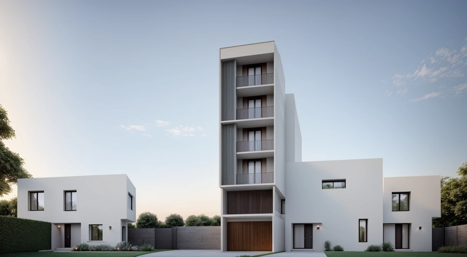 Architecture minimaliste, les principaux matériaux de la maison comprennent des murs blancs, murs effet béton bleu, Images réalistes, extrêmement détaillé, une maison moderne, 1 route devant la maison, grande cour en céramique, (1 voiture), clôture en brique, pelouse, quelques petites fleurs, une route devant la maison, les principaux matériaux de la maison sont les murs blancs et la brique rouge, Design moderne, ciel bleu clair, lumière du lever du soleil, la lumière de l&#39;intérieur, lumière dynamique,Lumière chatoyante, lumière cinématographique, sentiment romantique, (((lumière du jour, lumière chaude)))
