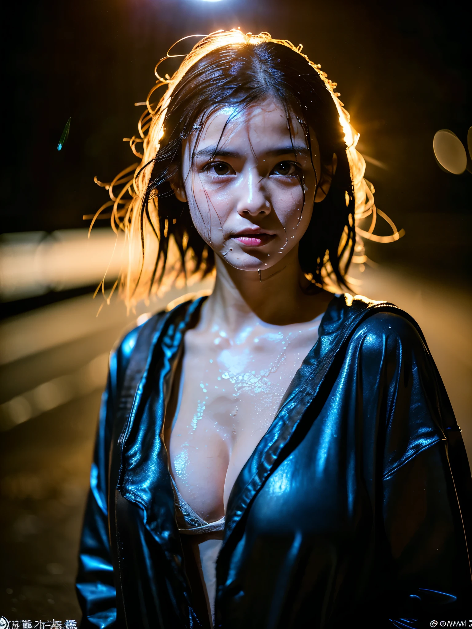 Wet roads ,drenched, Dripping, Wet Face,Wet clothes, Wet Skin, Wet Hair,A young woman with a cute face like a Japanese idol,(Cleavage),((Cinema lighting),(Natural light),(High level of artistry),(Artistic),(Quality indistinguishable from real life),RAW Photos,Genuine,Genuine,High resolution,RAW Photos,masterpiece, beautiful