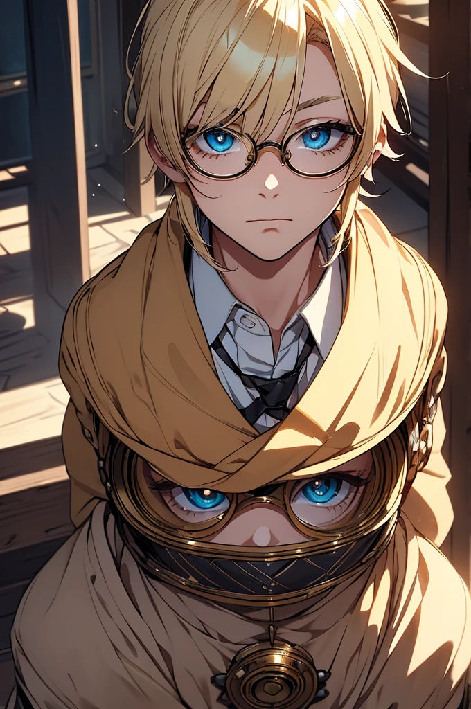 Blonde, Round Glasses, cool, Gear Accessories, anime, beautiful, masterpiece, Highest quality, (1 Boy:1.5), (Shining Eyes:1.3), (Beautifully detailed eyes:1.1)、[[Delicate fingers and hands:0.55]::0.85], (Detailed reference),