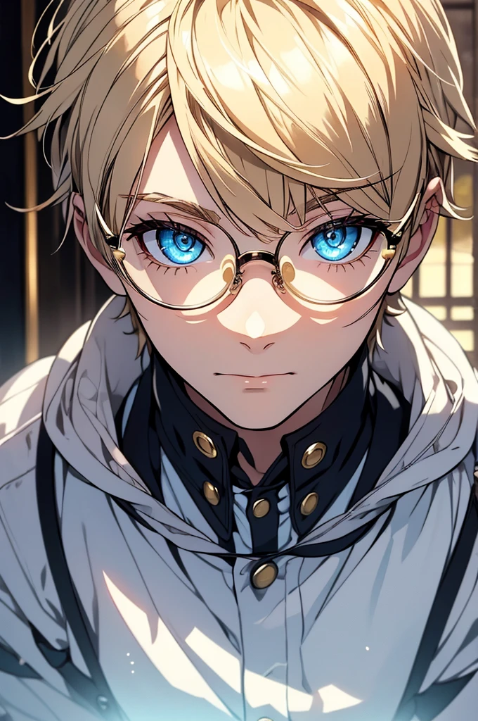 Blonde, Round Glasses, cool, Gear Accessories, anime, beautiful, masterpiece, Highest quality, (1 Boy:1.5), (Shining Eyes:1.3), (Beautifully detailed eyes:1.1)、[[Delicate fingers and hands:0.55]::0.85], (Detailed reference),