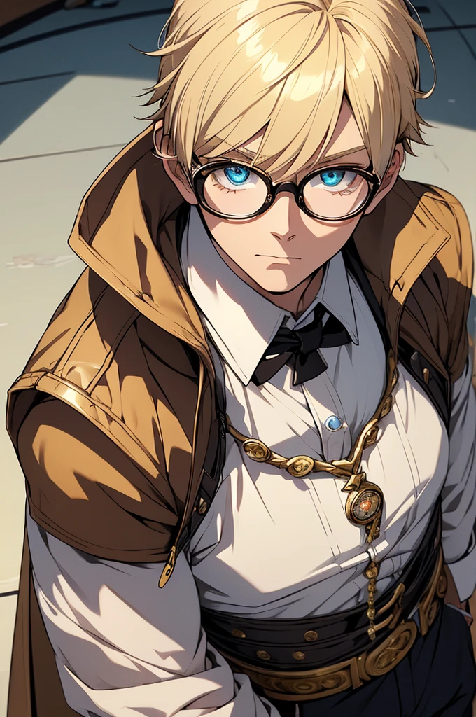 Blonde, Round Glasses, cool, Gear Accessories, anime, beautiful, masterpiece, Highest quality, (1 Boy:1.5), (Shining Eyes:1.3), (Beautifully detailed eyes:1.1)、[[Delicate fingers and hands:0.55]::0.85], (Detailed reference),