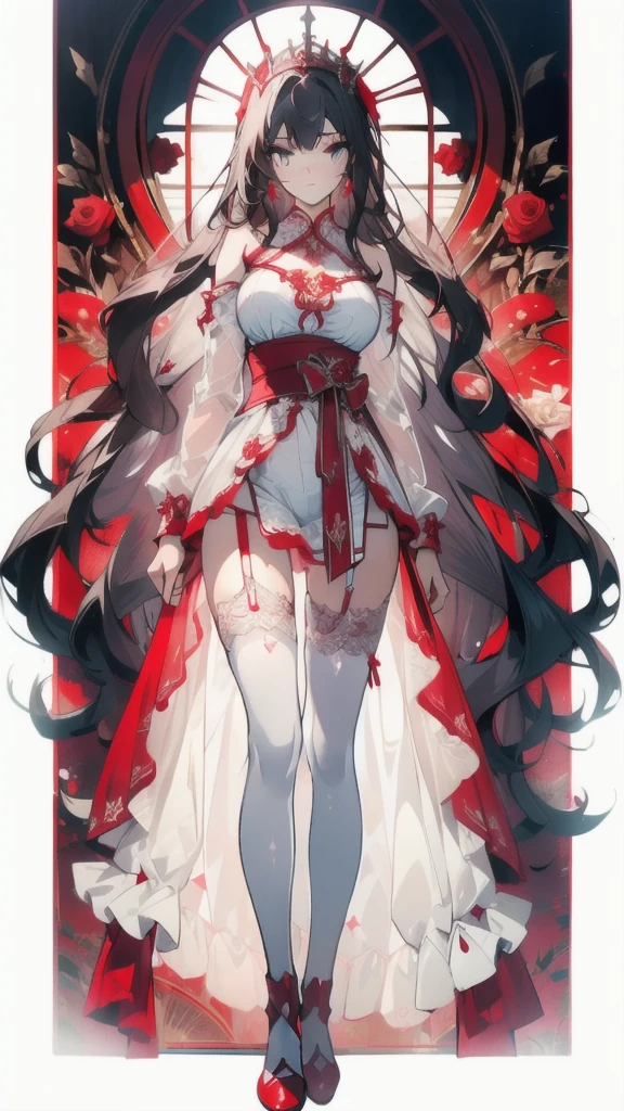 ((masterpiece, best quality)), Delicate face,Sword Princess,red,Crescent rose,whole body,Long legs,Large Breasts,Gradient long wavy hair,Perfect body proportions,beautiful eyes,Extremely beautiful,transparent, Pure white background,Erotic_lingerie,Sexy_比基尼,Lace,Garter stockings