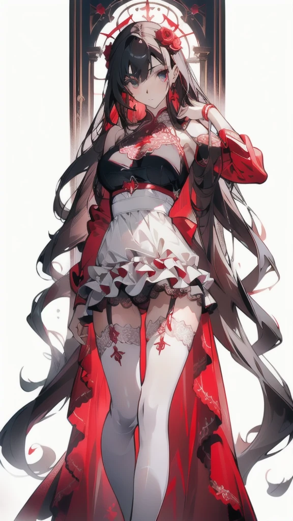 ((masterpiece, best quality)), Delicate face,Sword Princess,red,Crescent rose,whole body,Long legs,Large Breasts,Gradient long wavy hair,Perfect body proportions,beautiful eyes,Extremely beautiful,transparent, Pure white background,Erotic_lingerie,Sexy_比基尼,Lace,Garter stockings
