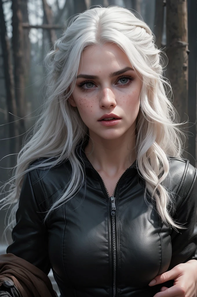linda com longos cabelosbrancoos e olhos azuis cristalinos parecida com a yennefer do jogo the witcher, She wears a black leather jacket and is in the middle of a fierce battle against enemy soldiers...., your face is stained with blood and freckles, Your skin is white, and his expression is angry