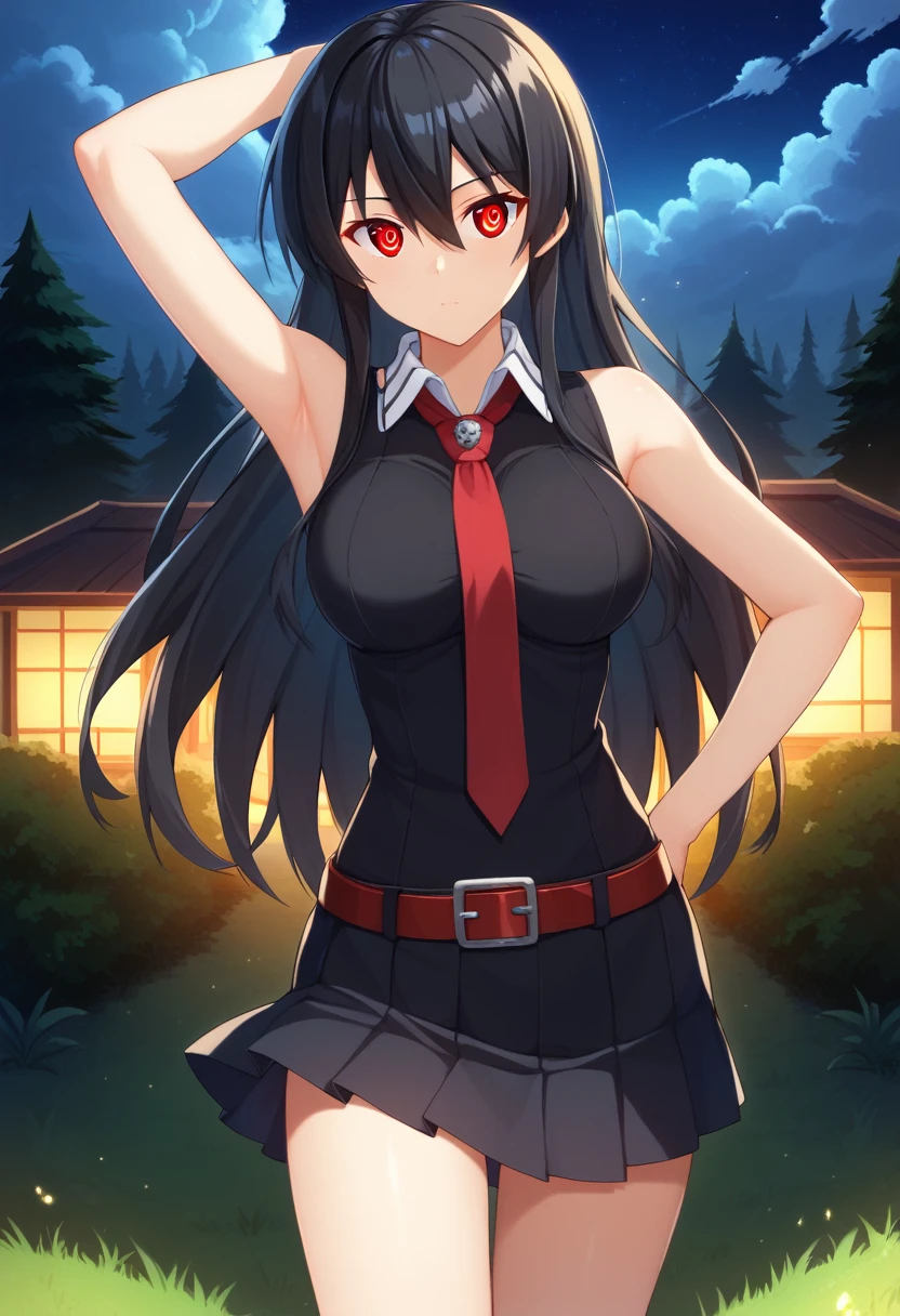 agkakame, akame, long hair, black hair, (red eyes:1.3), hair between eyes,
BREAK skirt, dress, necktie, sleeveless, belt, shirt, black shirt, collared shirt, red necktie, black skirt,
BREAK outdoors, forest, nature, trees, grass, sky, clouds, night sky, night,
BREAK looking at viewer, (cowboy shot:1.5), armpits, open shirt, open clothes, breasts, nsfw:1.5
BREAK (masterpiece:1.2), best quality, high resolution, unity 8k wallpaper, (illustration:0.8), (beautiful detailed eyes:1.6), extremely detailed face, perfect lighting, extremely detailed CG, (perfect hands, perfect anatomy),