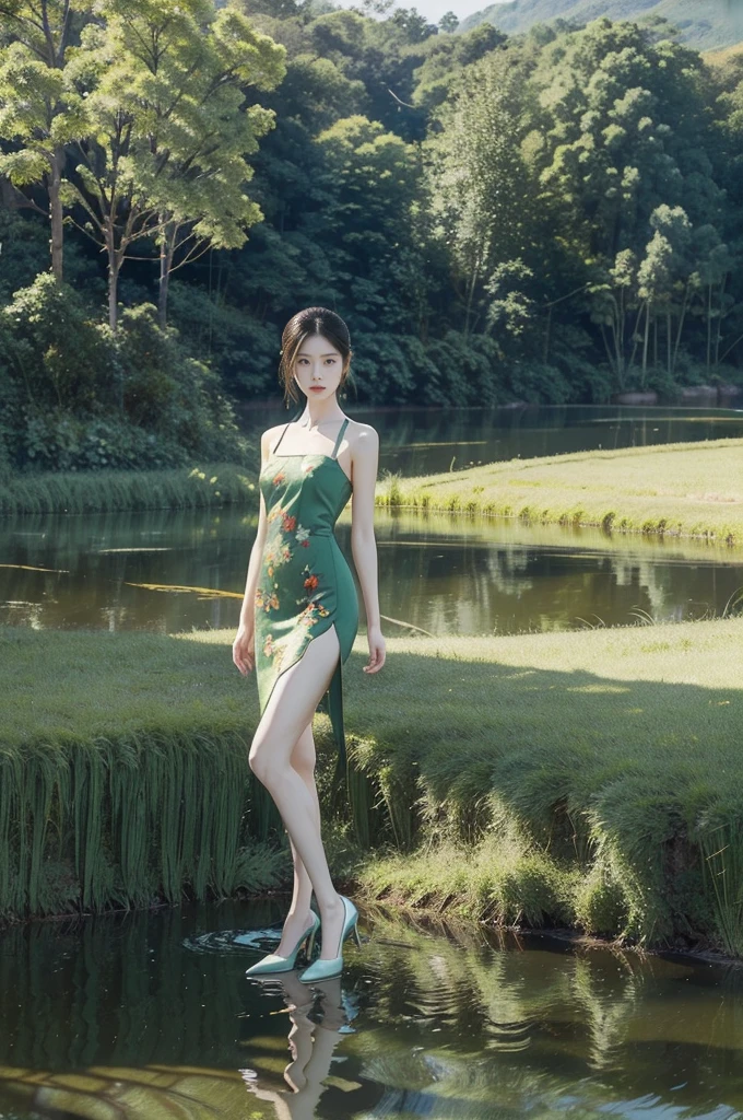 (((best quality))),(((ultra detailed))),(((masterpiece))),illustration,1 beautiful girl,slim,flat chest,short red qipao,bare arms,slender legs,pantyhose,standing in green paddy pool,elegant, high heels, clear sky, sunlight, dreamy, contrast, natural,Chinese rural landscape,The upper body above the chest is above the water surface,upperbody