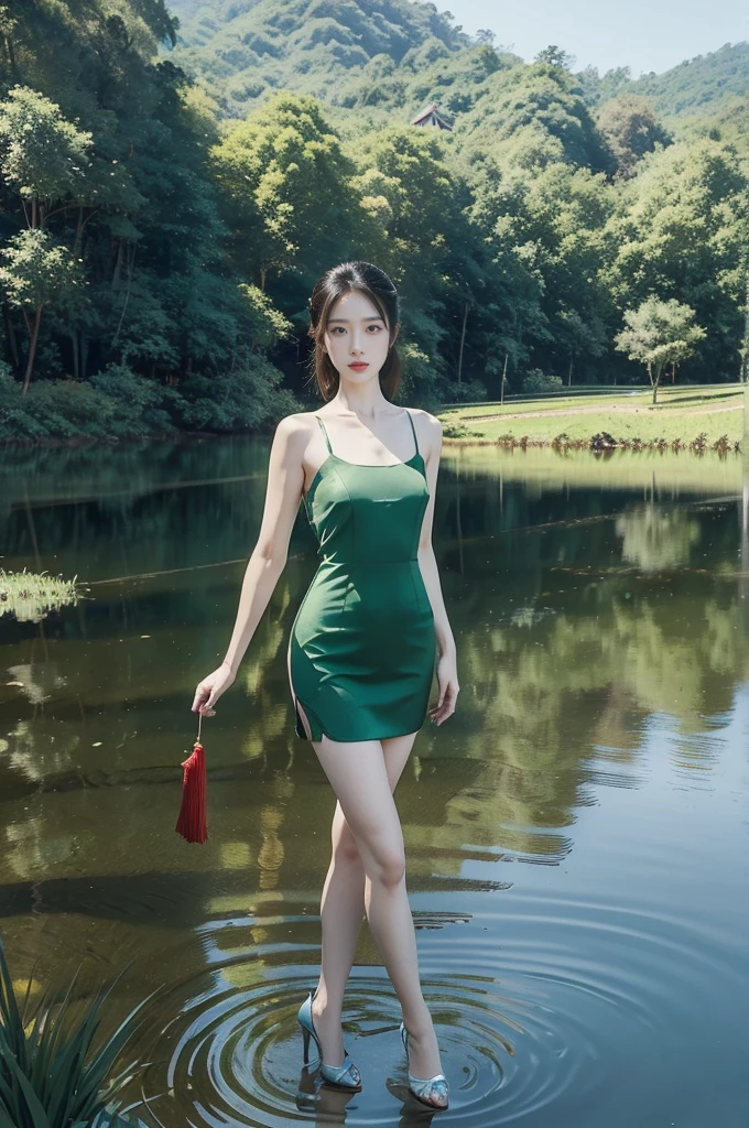 (((best quality))),(((ultra detailed))),(((masterpiece))),illustration,1 beautiful girl,slim,flat chest,short red qipao,bare arms,slender legs,pantyhose,standing in green paddy pool,elegant, high heels, clear sky, sunlight, dreamy, contrast, natural,Chinese rural landscape,The upper body above the chest is above the water surface,upperbody