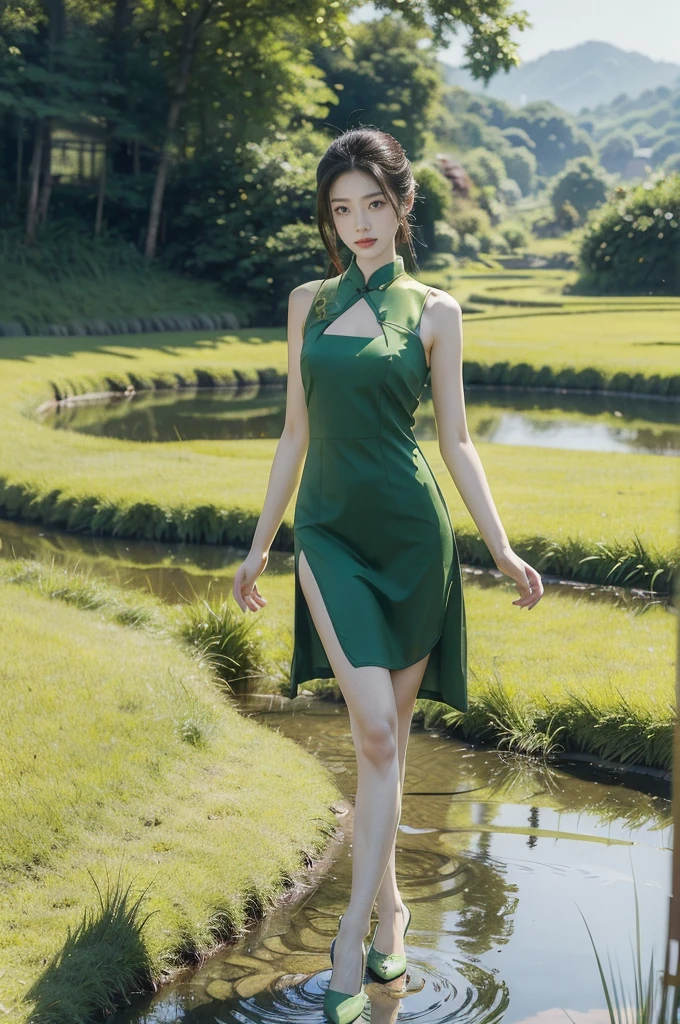 (((best quality))),(((ultra detailed))),(((masterpiece))),illustration,1 beautiful girl,slim,flat chest,short red qipao,bare arms,slender legs,pantyhose,standing in green paddy pool,elegant, high heels, clear sky, sunlight, dreamy, contrast, natural,Chinese rural landscape,The upper body above the chest is above the water surface,upperbody