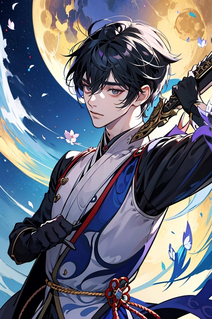 a close-up of a person holding a sword in front of the full moon, keqing do impacto genshin, handsome guy in demon slayer art, zhongli do impacto genshin, black hair wizard, cute japanese demon boy, personagem de impacto genshin, genshin, cute androgynous prince, por Yang J, portrait knights of the zodiac girl