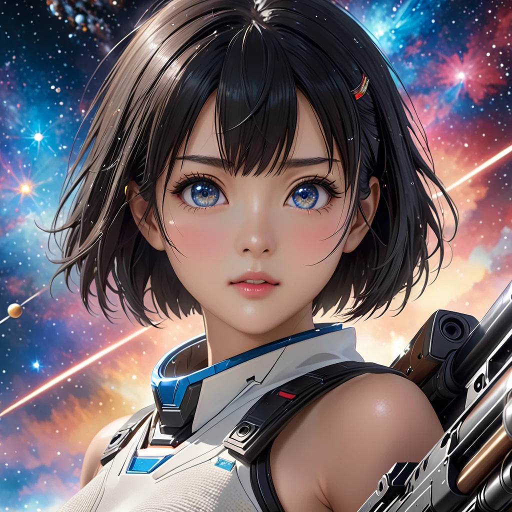 National Science Foundation,masterpiece,High resolution,8K,Art,digit,Three-dimensional,Realism,Kyoto Animation Style,your name movie style,cute,baby face,look into camera,Universe nebula background,(1 girl: 1.3),(alone: 1.4),(Upper body nudity),Holding a futuristic rifle and aiming,Close your right eye,Black hair,Long eyelashes,Long thin legs,Short Bob,Close-up of upper body,Close-up,Close up,Eyes as deep as the starry sky,Sharp eyes