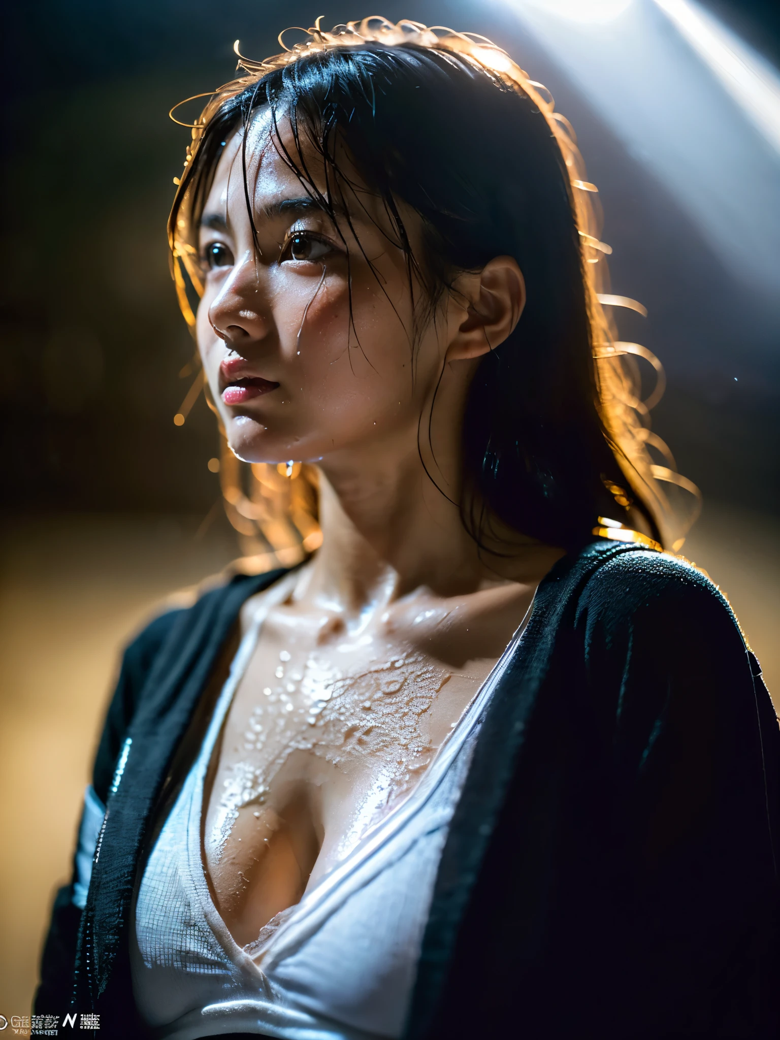 Wet roads ,drenched, Dripping, Wet Face,Wet clothes, Wet Skin, Wet Hair,A young woman with a cute face like a Japanese idol,(Cleavage),((Cinema lighting),(Natural light),(High level of artistry),(Artistic),(Quality indistinguishable from real life),RAW Photos,Genuine,Genuine,High resolution,RAW Photos,masterpiece, beautiful