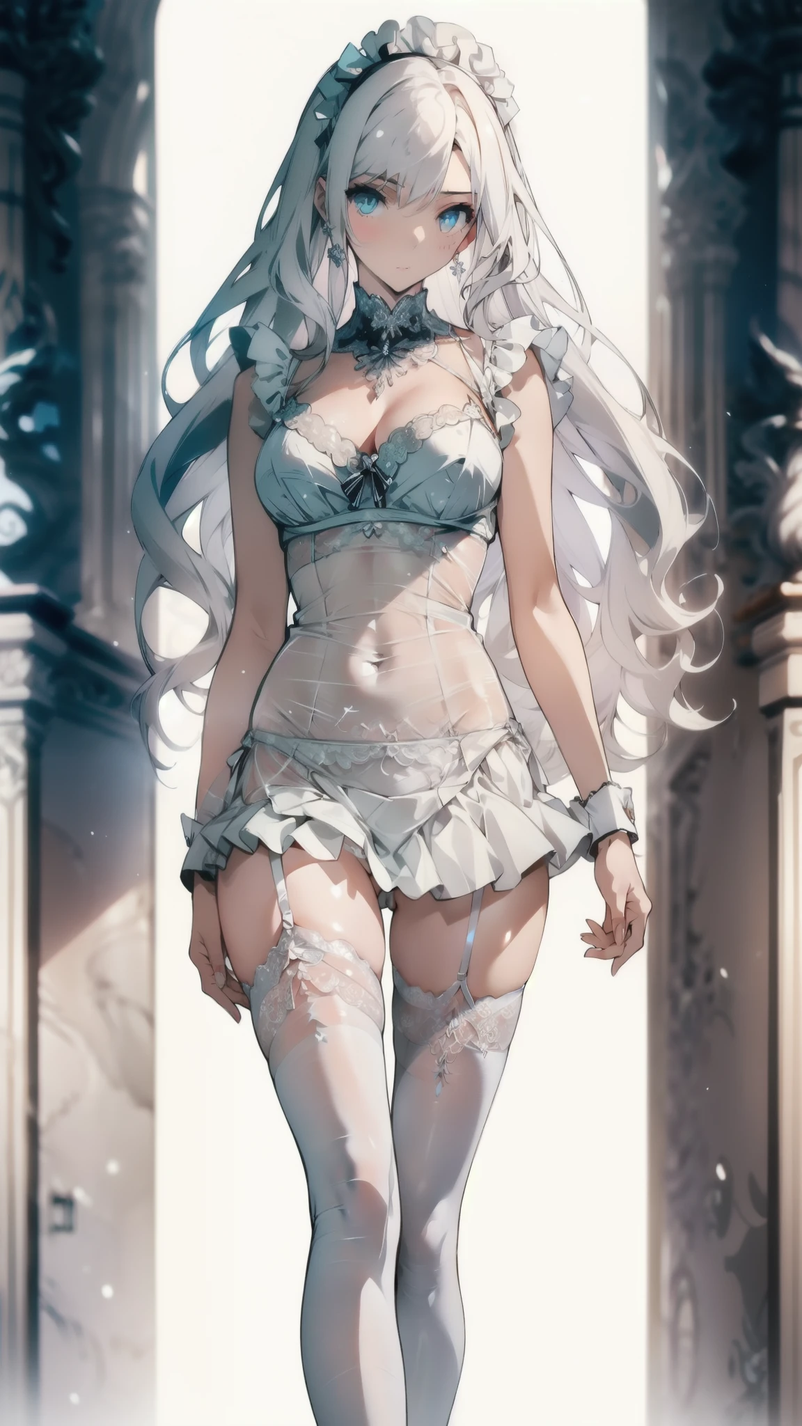 ((masterpiece, best quality)), Delicate face,Maid,White Tiger,whole body,Long legs,Large Breasts,Gradient long wavy hair,Perfect body proportions,beautiful eyes,Extremely beautiful,transparent, Pure white background,Erotic_lingerie,Sexy_比基尼,Lace,Garter stockings