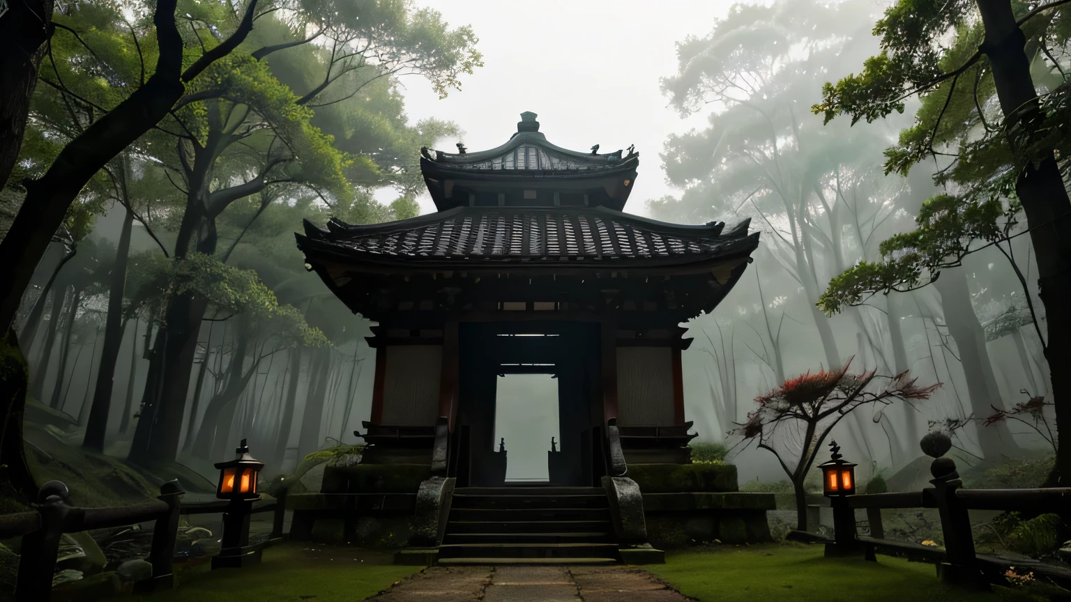 masterpiece, Highest quality, 8K, High resolution, Super detailed, No humans, 美しいscenery, Super detailed, Fine details, Very detailed, complicated, Very detailed, Super detailed, scenery, Foggy atmosphere, Lonely, complicated details, Delicate features, Deep woods, Grains of Light, Pure, Japanese Temples, mysticism, night, Burning red lantern, fire Fly, fiery butterfly, Gloomy atmosphere, Temple in the forest, Mossy stairs of a temple, Mysterious Forest, Ruined Temple, Sanctuary, Will-O-Wisp, Ruined Temple, Red spider lily flower field,Wild Nature Oil Painting