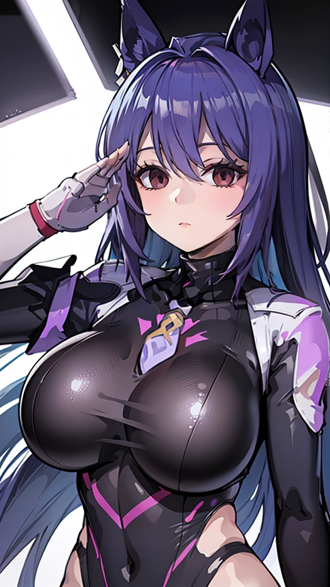 1 Girl,Browsing Caution,Agnes-Tachyon ,(Uma Musume),clavicle, Absurd, brainwashing,Combatant, Hollow Eyes,((Purple glowing eyes 1.5)),  Huge breasts , Expressionless, Emotions are removed,(Black Shadaloo Suit),avert your eyes , whole body shape, ((stand up, salute)),(Highest quality、4K、8K、High resolution、Must have:1.2)、Very detailed、(reality、that&#39;s reality的、reality的:1.37)、Ticker、Hyper HD、Studio Lighting、Ultra High Definition Paint、Sharp focus、Physically Based Rendering、Extreme Detail、Professional specifications、Vibrancy and color、Blurred、Sports portrait、landscape、Horror Style、Anime Big Tits、sf、photograph、Concept Artist、Five Fingers, Perfect body,  {{{masterpiece}}}, {{{Highest quality}}}, {{Very detailed}}, {shape}, {{Very delicate and beautiful}},Improved cost performance、All Roles、Canon 5D MK4でphotograph、photograph, 