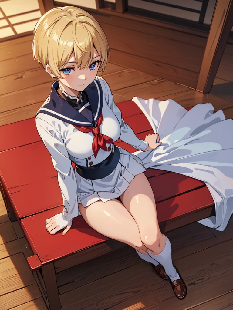 (masterpiece, best quality, very detailed, 16K anime high resolution, anime style, clean brush strokes, very detailed, anatomically perfect body), ((tenka izumo)), single beautiful girl, solo, (perfect face, very detailed), smiling, beautifully detailed eyes, blue eyes, (short hair, blonde, thick hair between eyes, bangs), table top, (big boobs: 0.6), (sailor suit, red, long sleeves), smooth body lines, wide waist: 0.4, big butt: 0.5, (long skirt, red), soft thighs, (white socks, dark brown student leather shoes), (sexy pose), looking at the viewer, (medieval Japanese background, Japanese house, noren, wooden house), (front view, shot from above), core_9_up, score_8_up, score_7_up, core_6_up, source_anime,