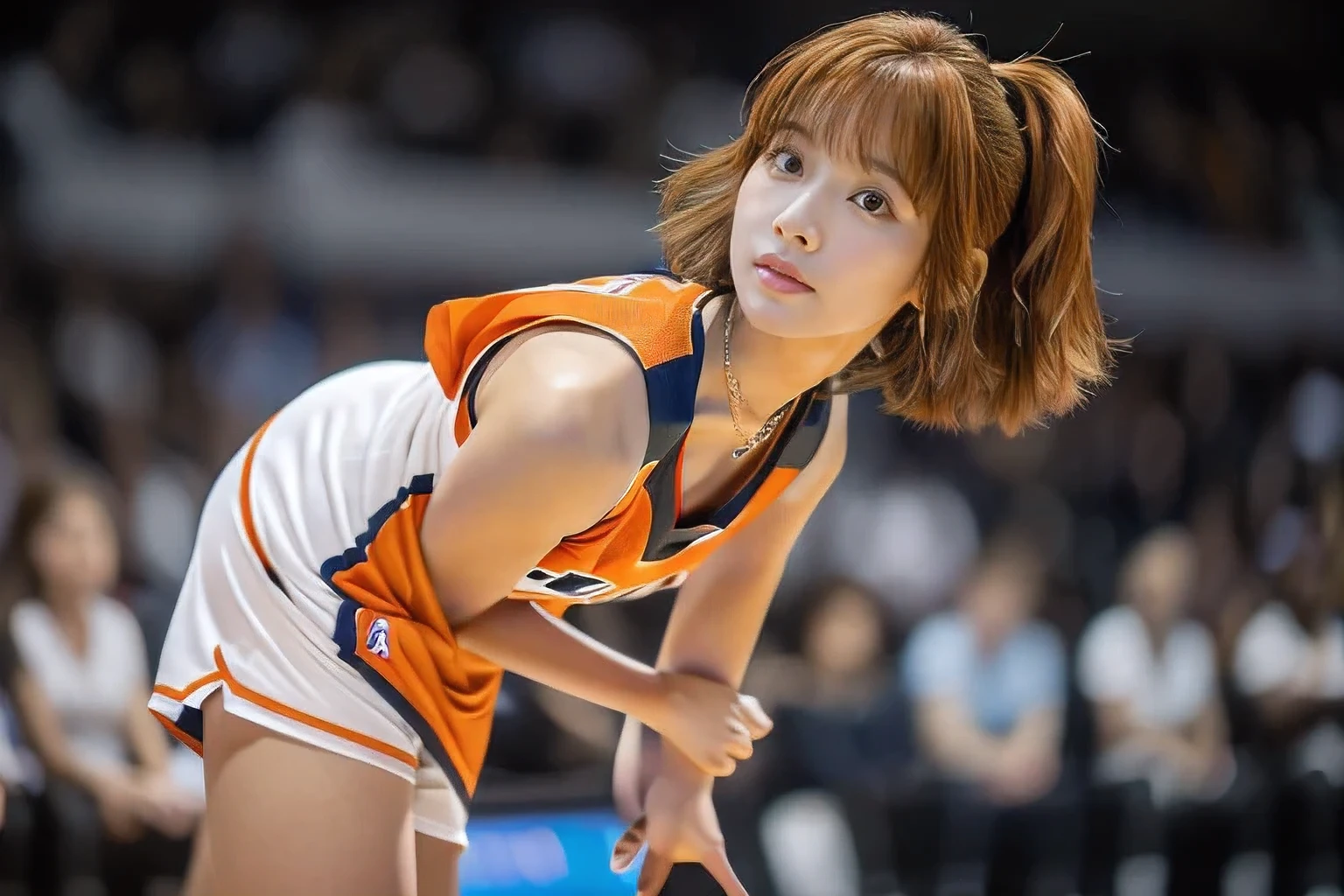 (During a basketball game in the gym:1.5)、(A beautiful profile without looking at the camera:1.5)、(An 18-year-old woman waiting earnestly for the ball:1.5)、(The best quality at its best:1.4), (Super detailed), (Very detailed CG unified 16k), Beautiful woman with perfect figure: 1.4, Sharp focus: 1.2, Very detailed, High-quality RAW color photos, Professional photography, Great face and eyes, cosmetics, (Amazingly beautiful girl), ((Basketball uniform:1.5)), Realistic movie faces, Full body long view from head to toe, Realistic, ((Realistic natural orange red hairstyle)), ( Short Bob Hair:1.5), (necklace:1.5)、, Very beautiful face, Perfect model beauty, Mouth swelling, Highly detailed face and skin texture, Fine grain, double eyelid, Medium chest, (masterpiece), Highest quality, High resolution, Very detailed, Blurred Background, Depth of written boundary, Cinema Lighting, Great legs, , Clear, well-maintained skin,((Full body shot from head to toe:1.5))