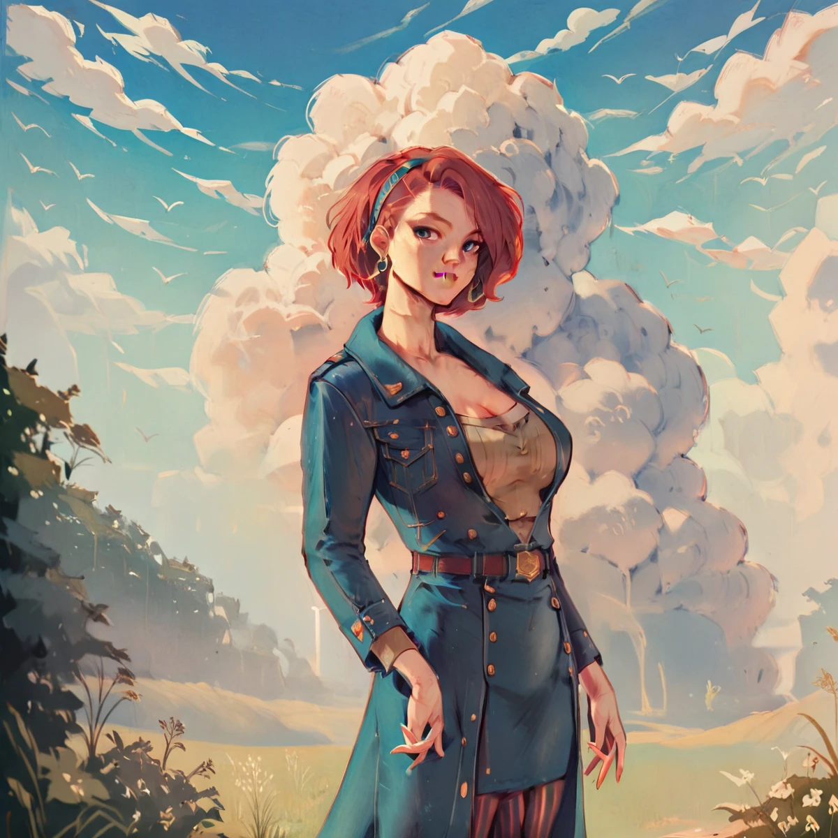 masterpiece, best quality, ultra detailed, beautiful illustration), (oil painting:1.4), atmospheric perspective, (fantasy atmosphere, elaborate atmosphere:1.4), depth of field, looking at viewer, beautiful detailed eyes, 1girl, (cowboy shot), sexy pose, dynamic angle, sexy smile, (huge breasts:1.2),(outdoors, grasslands:1.5, blue sky:1.5, clouds:1.5), cecilia_t, short hair, hairband, earrings, blue jacket, beige shirt, blue skirt, belt, vertical-striped pantyhose, boots,
