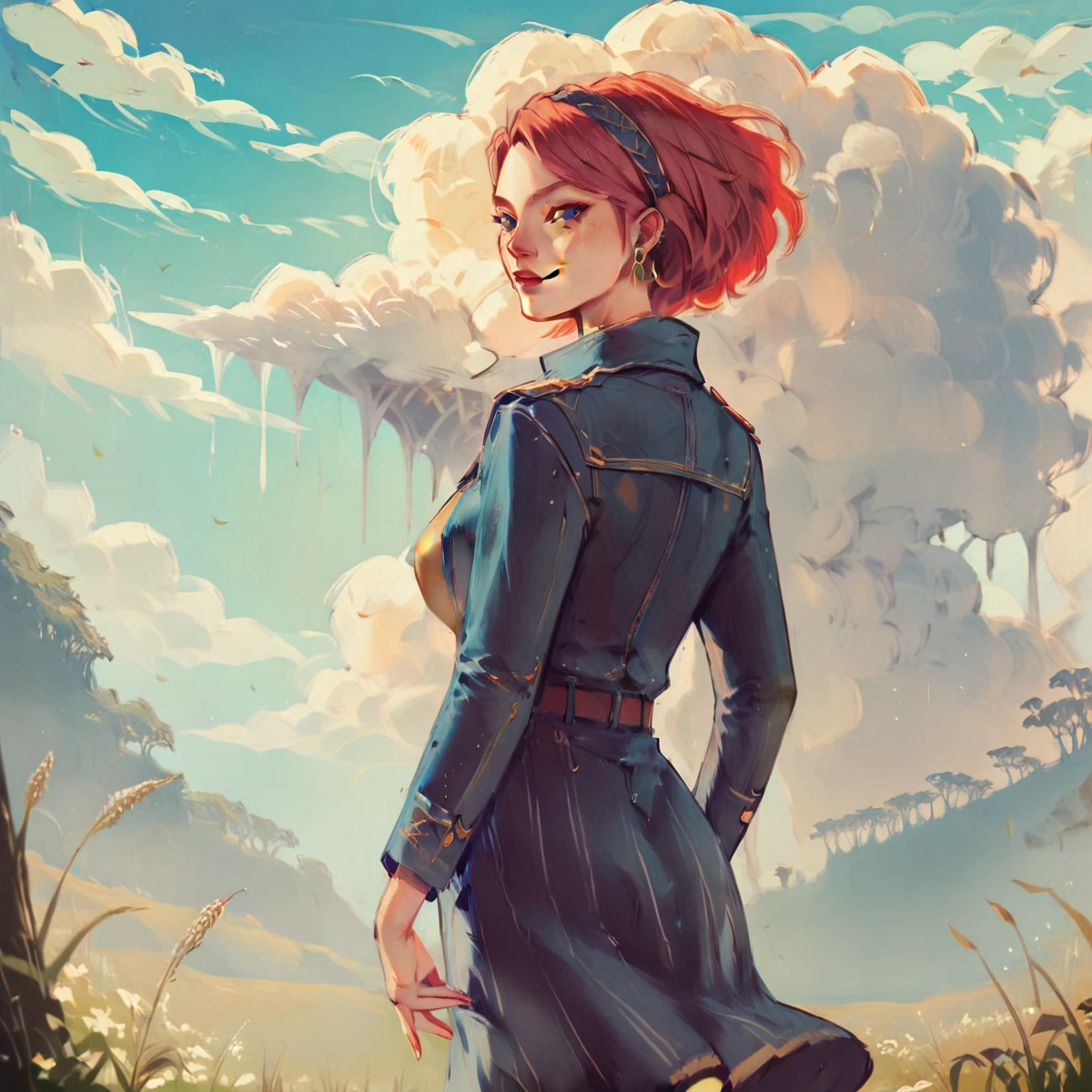 masterpiece, best quality, ultra detailed, beautiful illustration), (oil painting:1.4), atmospheric perspective, (fantasy atmosphere, elaborate atmosphere:1.4), depth of field, looking at viewer, beautiful detailed eyes, 1girl, (cowboy shot), sexy pose, dynamic angle, sexy smile, (huge breasts:1.2),(outdoors, grasslands:1.5, blue sky:1.5, clouds:1.5), cecilia_t, short hair, hairband, earrings, blue jacket, beige shirt, blue skirt, belt, vertical-striped pantyhose, boots,
