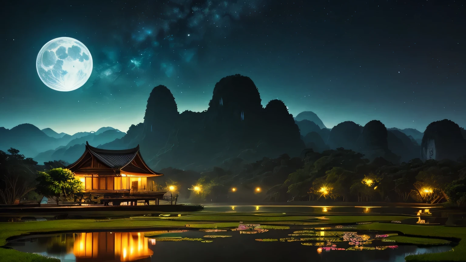 A pond with blooming lotus flowers, Bamboo fire torches by the pond, boat, Ninh Binh scenery, Vietnam, Tam Coc, Big Don, Karst topography, Centered, Symmetric, I drew, complicated, Volumetric lighting, beautiful, A masterpiece of deep colour, Sharp focus, Super detailed, Dan Mumford and Mark Simonetti's style, Astrophotography, Bright moonlight. --automatic