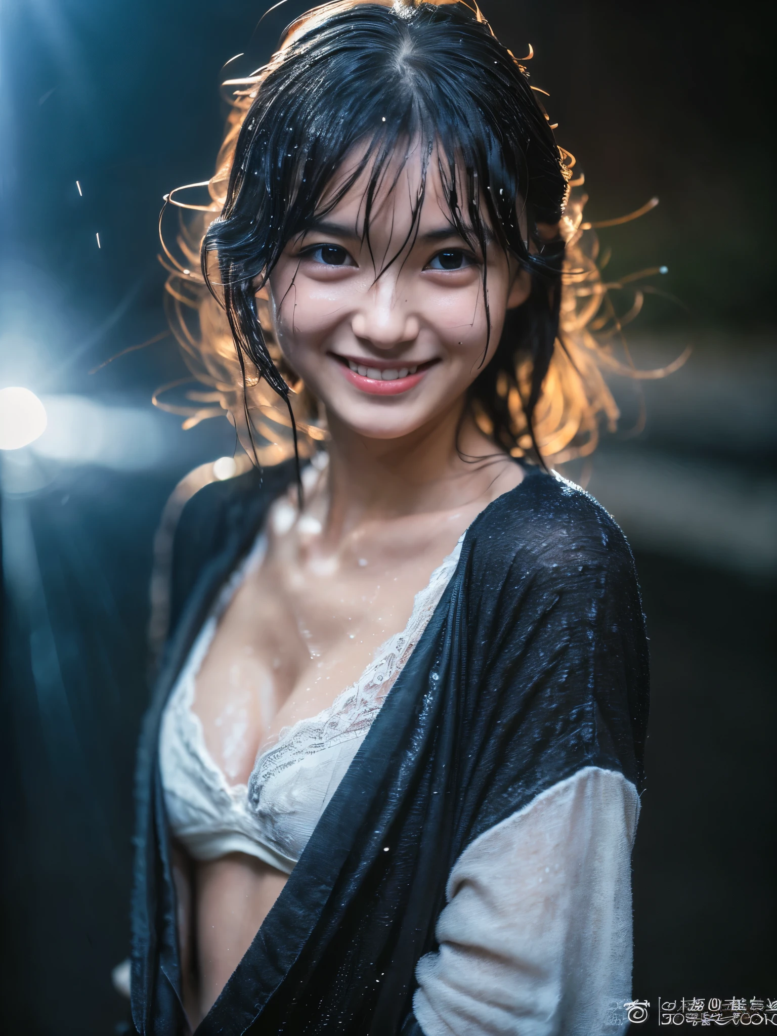 Wet roads ,drenched, Dripping, Wet Face,Wet clothes, Wet Skin, Wet Hair,A young woman with a cute face like a Japanese idol,Smile a little,(Cleavage),((Cinema lighting),(Natural light),(High level of artistry),(Artistic),(Quality indistinguishable from real life),RAW Photos,Genuine,Genuine,High resolution,RAW Photos,masterpiece, beautiful