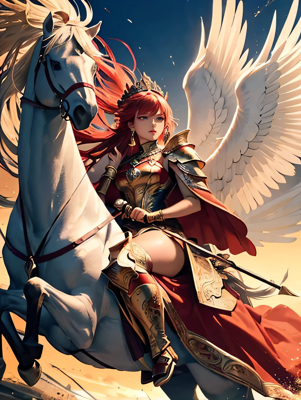 Witness the mesmerizing spectacle of a woman, poised regally atop a majestic Pegasus, bedecked in scarlet armor intricately adorned with minute, exquisite details that glimmer profoundly. Her form, sculpted to the pinnacle of perfection, exhibits an enviable hourglass figure that enthralls the observer. Atop her head, a cascade of feathers flows, evoking the image of a river ablaze, harmoniously accentuating her proud steed.
The backdrop for this extraordinary tableau is a sweeping landscape bathed in the golden hour's radiant light, elongating the shadows and bathing