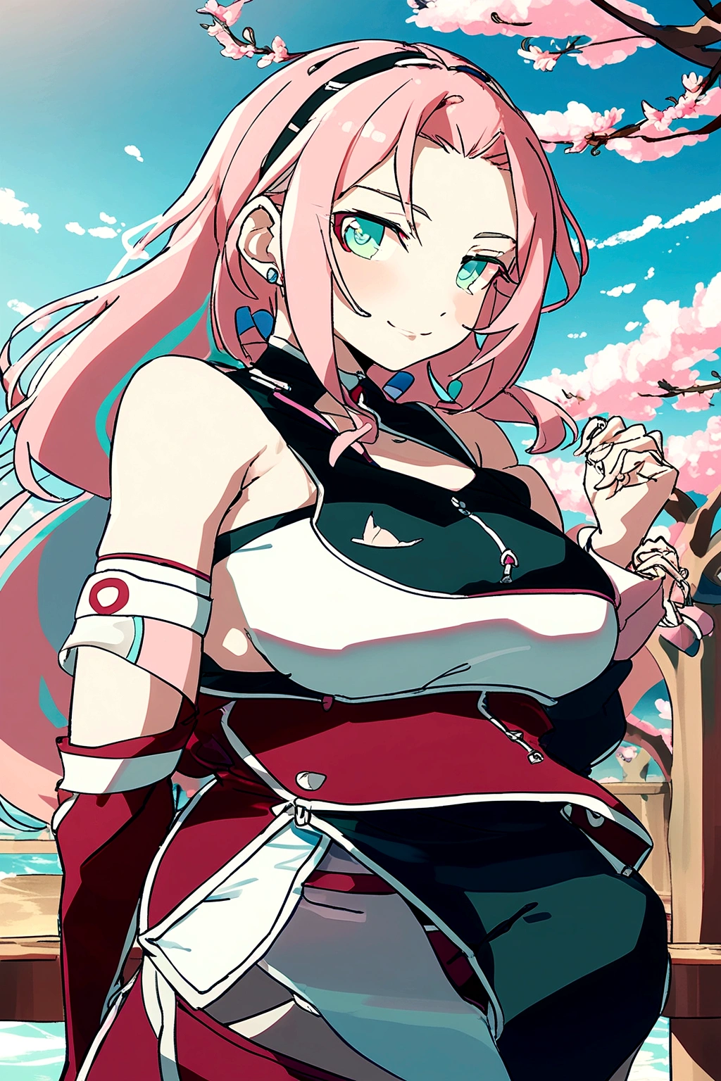 Shy girl with a chubby, robust body, generous breasts, wide hips, thick legs and thick thighs, a delicate face and beautiful mint-colored eyes, short hair, straight pink hair,