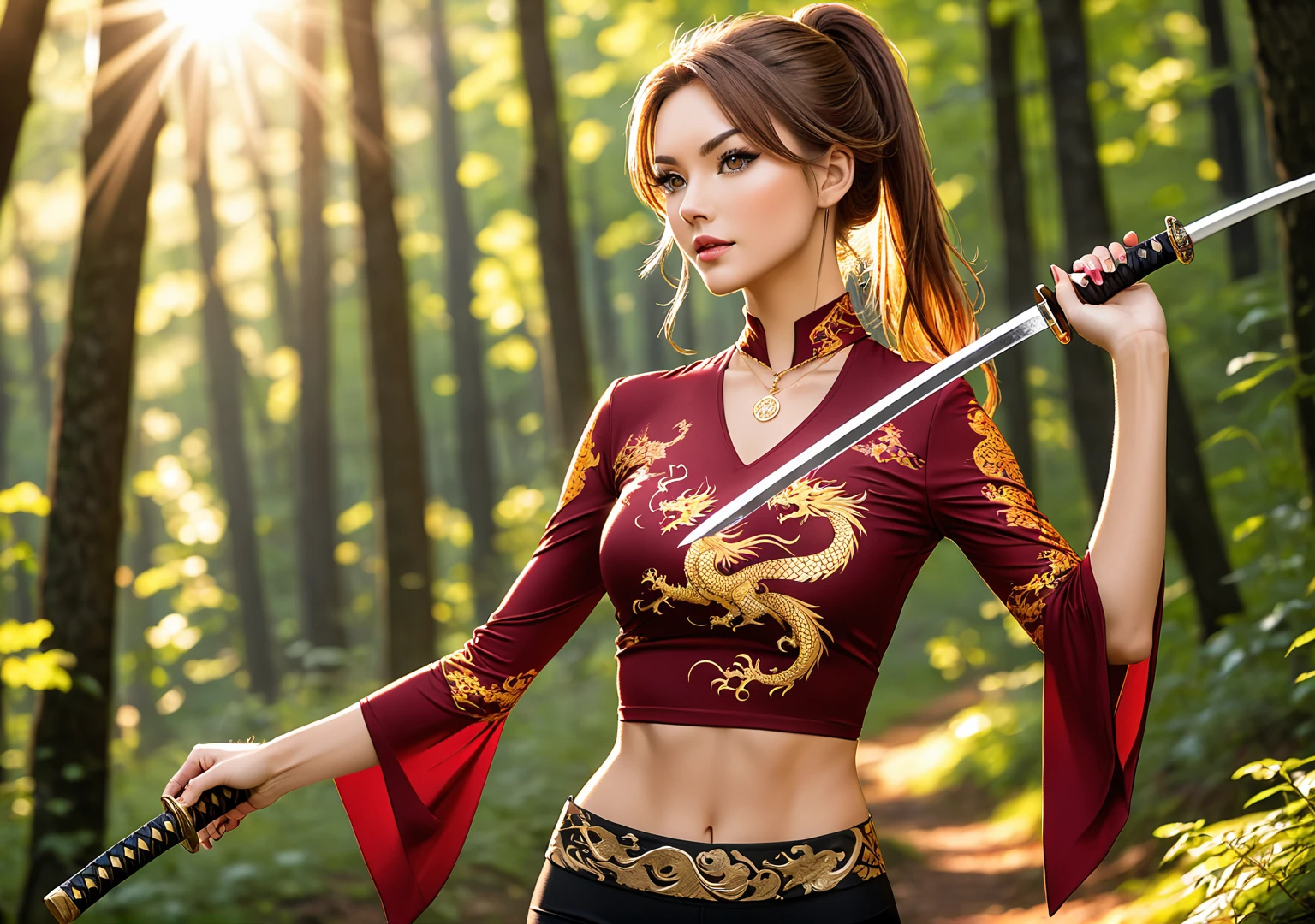 Beautiful woman with mid straight ponytail brown hair with brown eyes wearing an Black Tight Leggings With Golden Dragon Prints, a Red Sexy Criss Cross Mock Neck Mid Sleeves Blouse With Phoenix Prints, luxurious jewelry and a luxurious necklace, 18k gold wedding ring on left hand, fighting in the woods at sunshine, holding a katana with both hands, (caucasian skin), (light brown lipstick), (elegant mascara), (slim body with abs), (small breasts), (wide hips), midjourney, <lora:GoodHands-, <lora:GoodLegs-, UHD, high resolution, (masterpiece:1.1, best quality), (expressive eyes, perfect face, full body, expressive face, perfect body, perfect pussy, athletic, fit, slim body, blushing, Perfect makeup, eyeliner, beautiful eyelashes, smiling, horny face), ((best illumination, best shadows)), ((fight pose)), ((perfect katana))