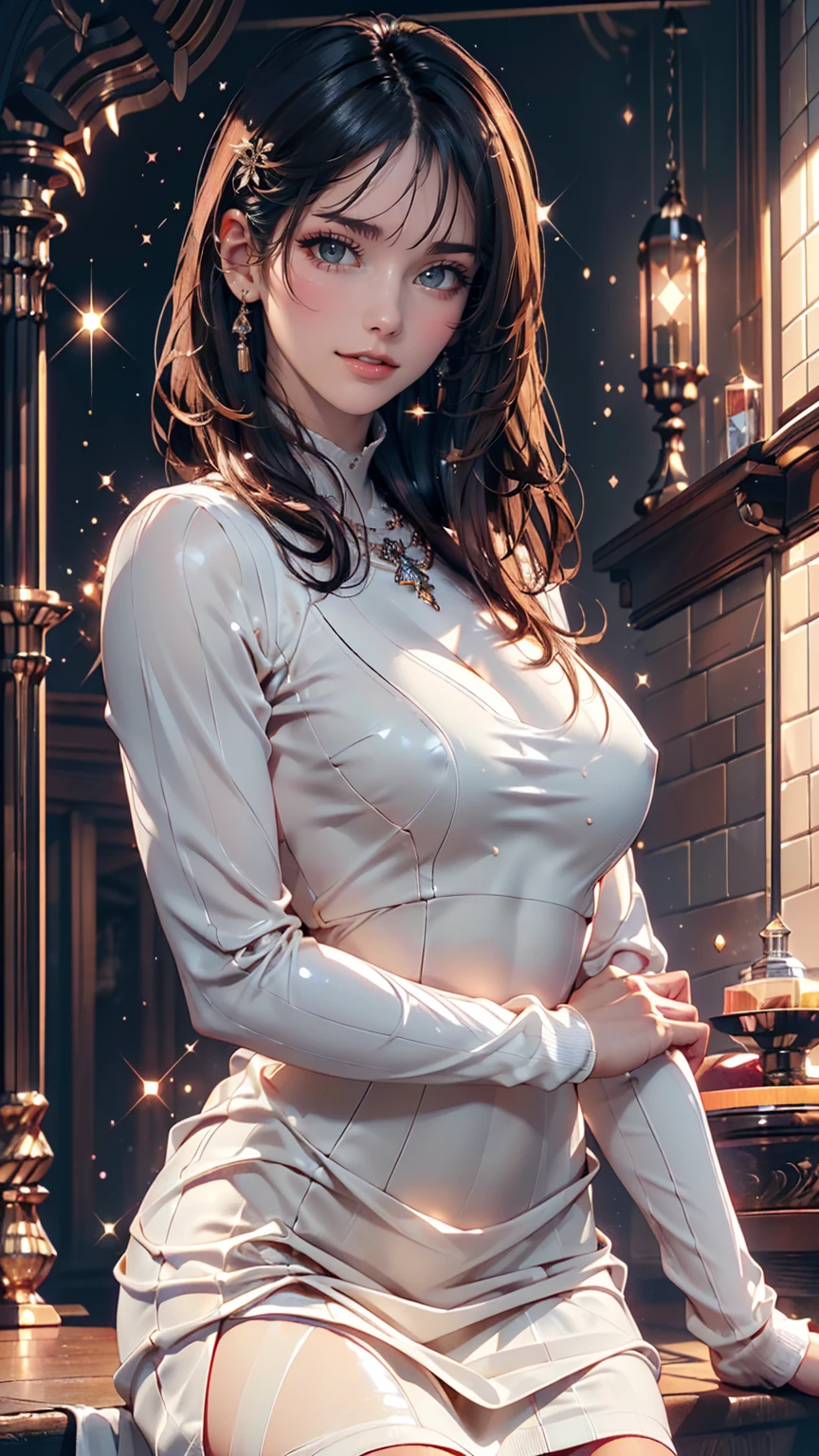 8K, RAW Photos, Realistic: 1.25), (Lip gloss, eyelash, Glossy face, Shiny skin, Highest quality, Ultra-high resolution, Depth of written boundary, chromatic aberration, Caustics, Moisturized lips, Super Trimmed Face, Sparkling, detailed eyes, Black Hair, semi-long, fashionable, Tight knit dress, thin