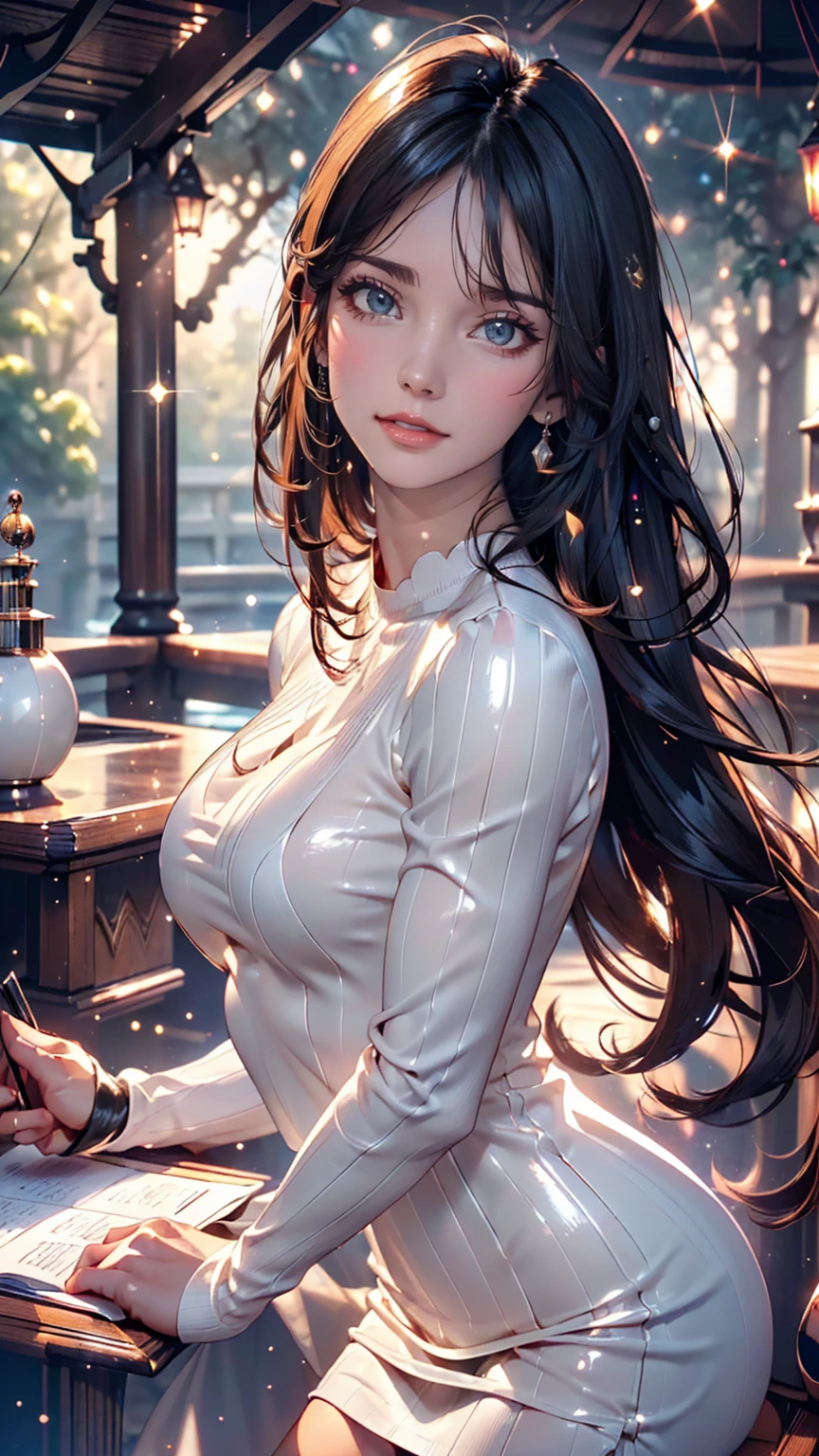 8K, RAW Photos, Realistic: 1.25), (Lip gloss, eyelash, Glossy face, Shiny skin, Highest quality, Ultra-high resolution, Depth of written boundary, chromatic aberration, Caustics, Moisturized lips, Super Trimmed Face, Sparkling, detailed eyes, Black Hair, semi-long, fashionable, Tight knit dress, thin
