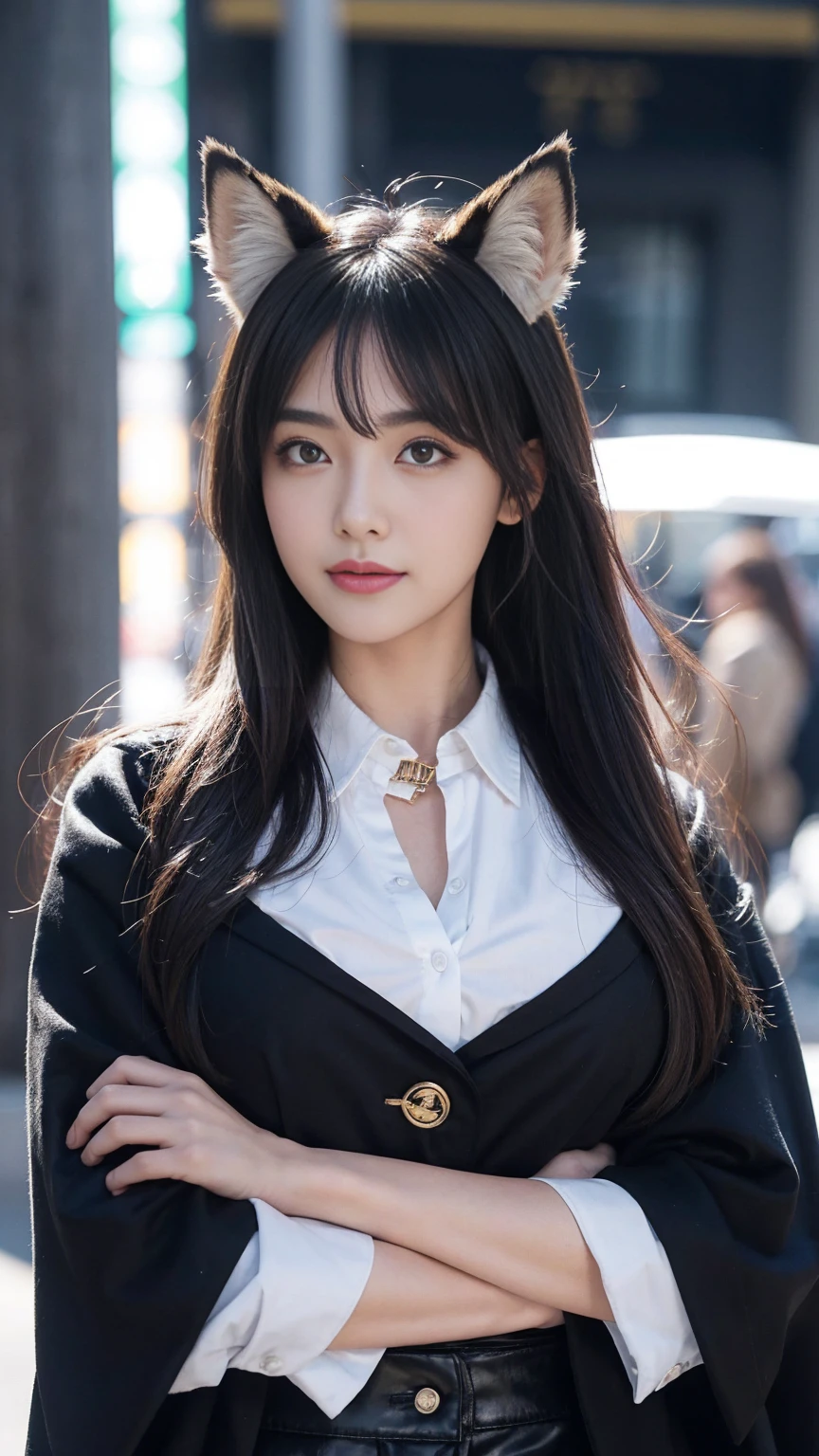 1 girl, Animal ear fluff, Animal ears, Aqua eyes, Bangs, black coat, breast, shackle, coat, arms crossed, Fox ears, Fox Girl, High resolution, large breast, long hair, looking at the audience, open mouth, Partially unbuttoned,  road, scarf, shirt, Short eyebrows, Smile, alone, Permanent, street, Tail, thick eyebrows, Upper Body, white shirt, from below