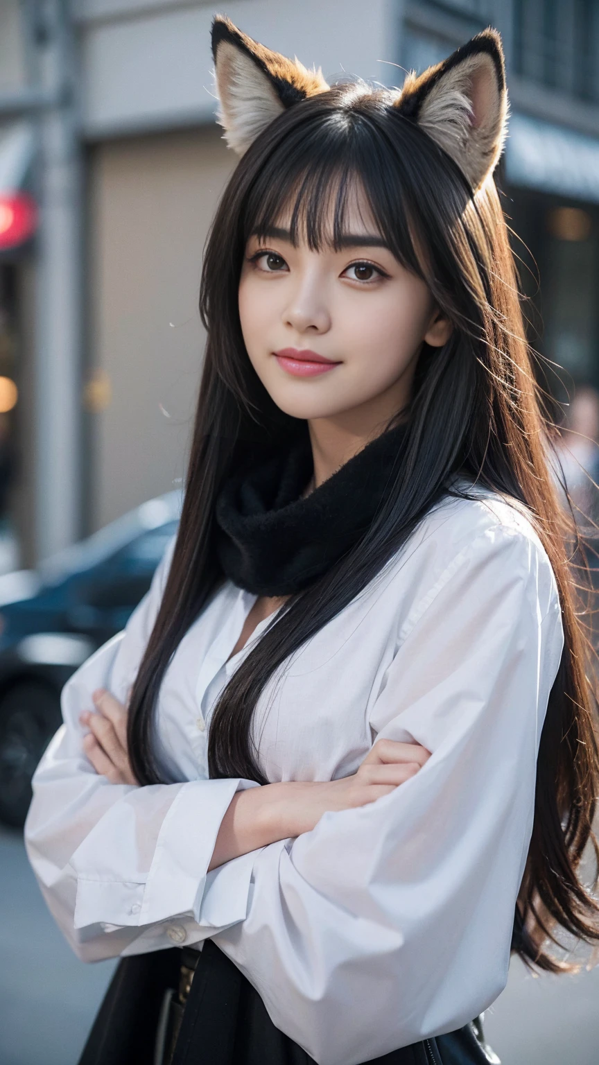 1 girl, Animal ear fluff, Animal ears, Aqua eyes, Bangs, black coat, breast, shackle, coat, arms crossed, Fox ears, Fox Girl, High resolution, large breast, long hair, looking at the audience, open mouth, Partially unbuttoned,  road, scarf, shirt, Short eyebrows, Smile, alone, Permanent, street, Tail, thick eyebrows, Upper Body, white shirt, from below