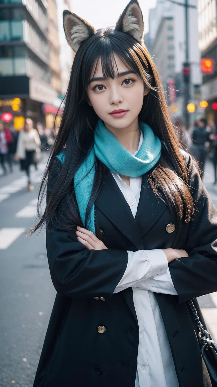 1 girl, Animal ear fluff, Animal ears, Aqua eyes, Bangs, black coat, breast, shackle, coat, arms crossed, Fox ears, Fox Girl, High resolution, large breast, long hair, looking at the audience, open mouth, Partially unbuttoned, road, scarf, shirt, Short eyebrows, Smile, alone, Permanent, street, Tail, thick eyebrows, Upper Body, white shirt, from below