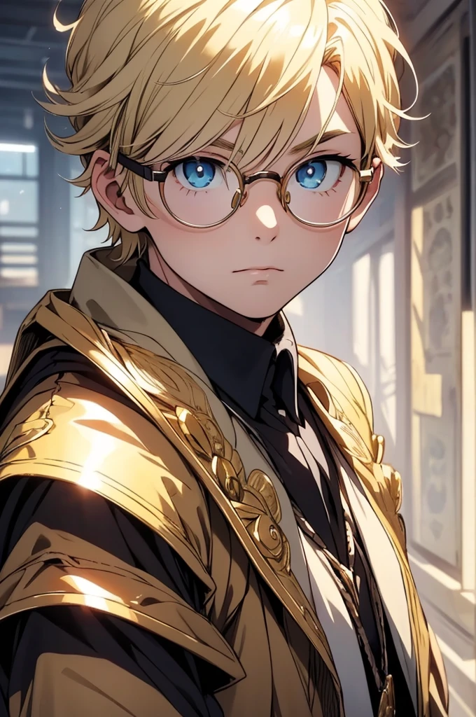 Blonde, Round Glasses, cool, Gear Accessories, anime, beautiful, masterpiece, Highest quality, (1 Boy:1.5), (Shining Eyes:1.3), (Beautifully detailed eyes:1.1)、[[Delicate fingers and hands:0.55]::0.85], (Detailed reference),