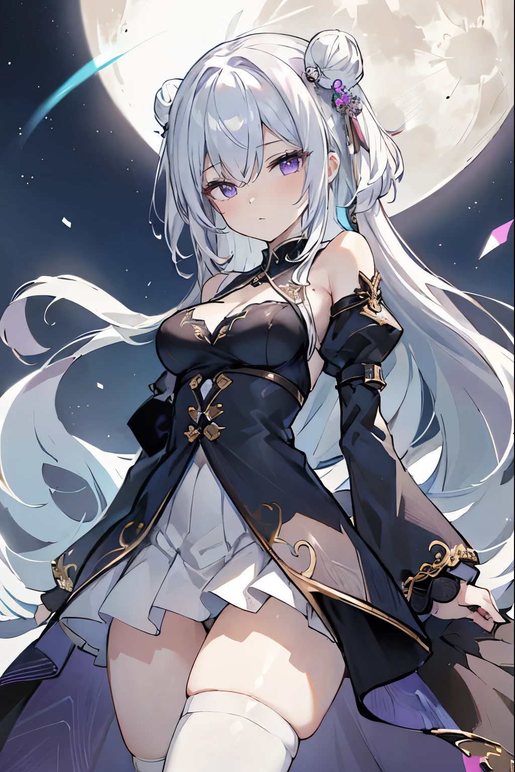 1girl, anime, cute girl, blank background, white background, fantasy, detailed fantasy dress with highlights, beautiful face, beautiful eyes, dark colors, black hair with multicolor streaks, red eye with different color pupil in eye, multicolor eye, medium breasts, slight cleavage, beautiful skin, cute, breast curtains, extremely delicate and beautiful, (beautiful detailed face:1.0), (detailed deep eyes), symmetrical breasts, deep eyes, shiny skin, portrait, slender waist, hips wider than shoulders, thighs, expressionless, young girl, luminous eyes, adorable,(Kpop idol),(aegyo sal:1),(Platinum blonde hair:1),((puffy eye)),Black panty,sexy posture,Superskirt, Ultra-high resolution,Black collar,slim figure, Abdominal y tattoo, womb tattoo,Tight-fitting leg ring,y tattoo on half-body,Bare skin, Armored hand,Hidden fingertips,Hand covered,Arm covered,Fist covered,{{beautiful detailed fingers}}, tufts of hair, moderate beautiful breast:1.0,(masterpiece:1.2), best quality, high-res, HDR, perfect face, intricate armor, delicate blue filigree, intricate filigree, red metalic parts, detailed part, dynamic pose, dynamic lights, cute face, neutral expression, shuimobysim, lotus, hanfu, maxi skirt, dress conservatively 1girl, solo, long blue hair, standing, One lady,14years,((White hair) ,(Shiny purple bodysuit with microskirt),((Fantasy, Moon Night)), gradient_eyes,