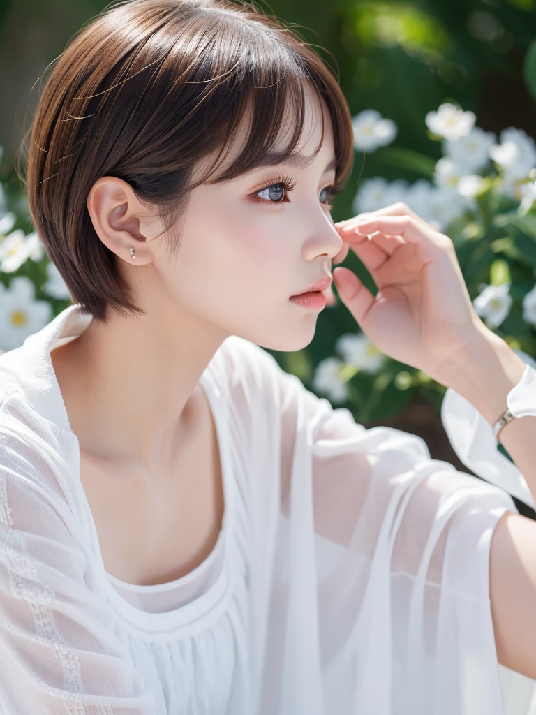1 Girl, (masterpiece:1.3), (4K, born, Sharp focus, delicate, Beautiful composition, 最high quality,) (Realistic:1.4), high quality, Very detailed,((profile:1.3))、big ears、(Realistic skin), (Intricate details), (Latex Surface:0.4), (Fine skin:1.Perfect glowing skin:0.6), (Beautiful Eyes), Round eyes, Beautiful Face,)、(White casual summer clothes:1.2)、(The simplest pure white background:1.3)、(Portrait with space:1.3)、((short hair:1.1))、Sparkling Eyes,Realistic skin hydration,Twenty year old girl, Brown Hair,Realistic skin texture,Realistic lighting、Big Natural Color Lip、Lip gloss,Harajuku、cute、
