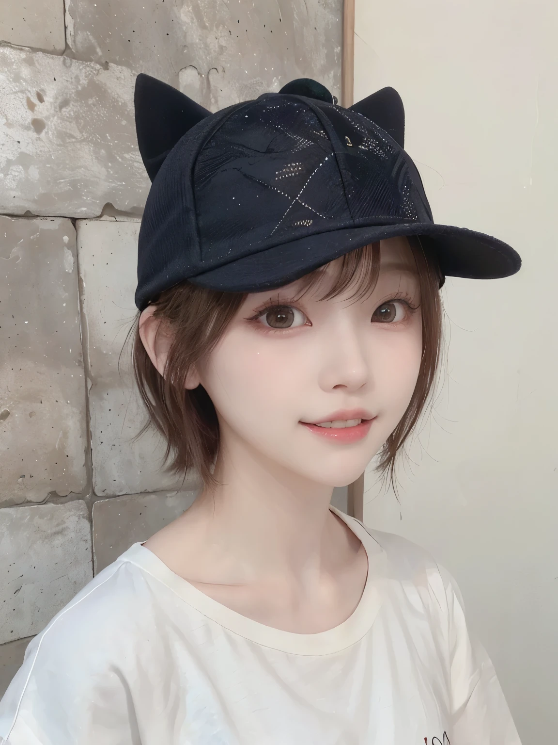 Best image quality、original photo、ultra high resolution、21 years old Korean、small breasts、dynamic angle、Cowboy shooting、The most beautiful form of chaos、elegant、Innovative design、bright colors、,light brown short hair、disheveled hair、light brown eyes 、black baseball cap(Facial expressionSmile)、short bob、Smile、Fair and shiny skin、beautiful eyes,random colors、The details are very beautiful、thin lips、Delicate and beautiful eyes、elongated eyes、Pale pink cheeks、long eyelashes、beautiful double eyelids、eye shadow、he、White Large T-shirt Sweatshirt、baggy pants、Shot from the side、sexy pose、enlarge